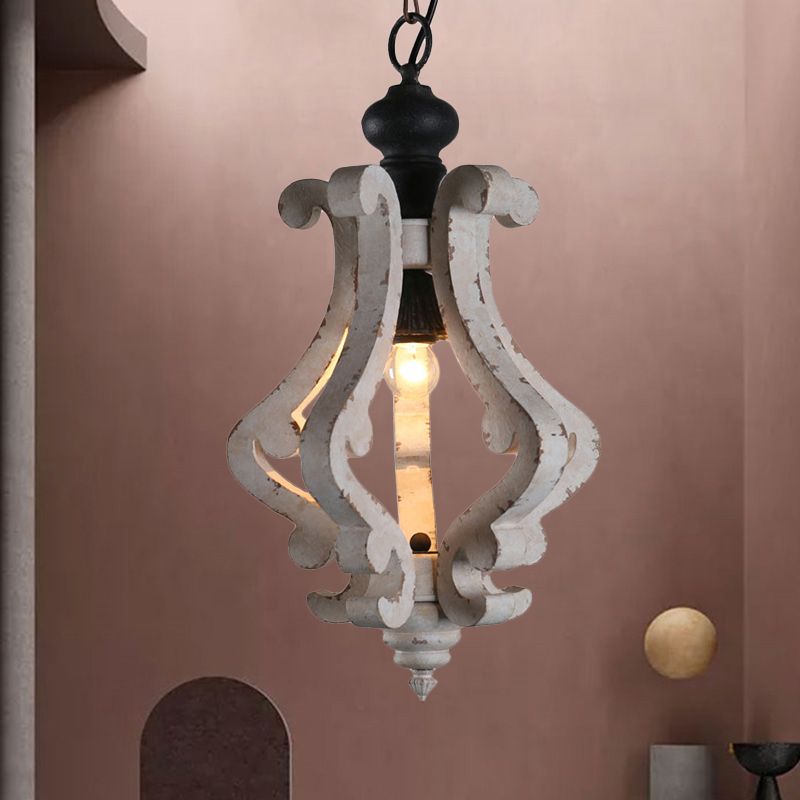 Distressed White 1 Light Hanging Light Kit Rustic Wooden Lantern Pendant Ceiling Light