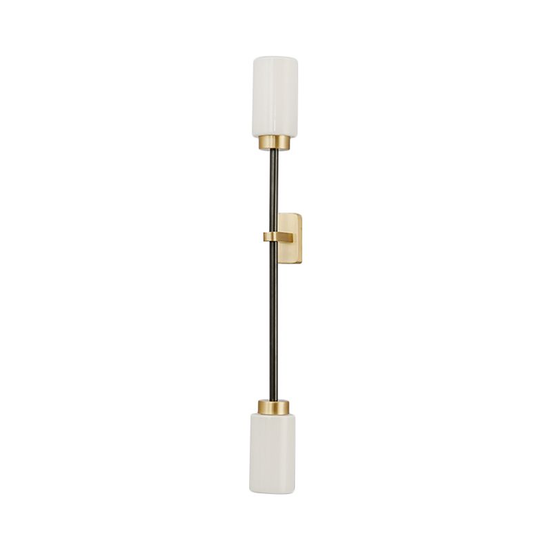 2 Heads Living Room Sconce Light Modernism Gold Wall Mount Lamp with Tube White Glass Shade