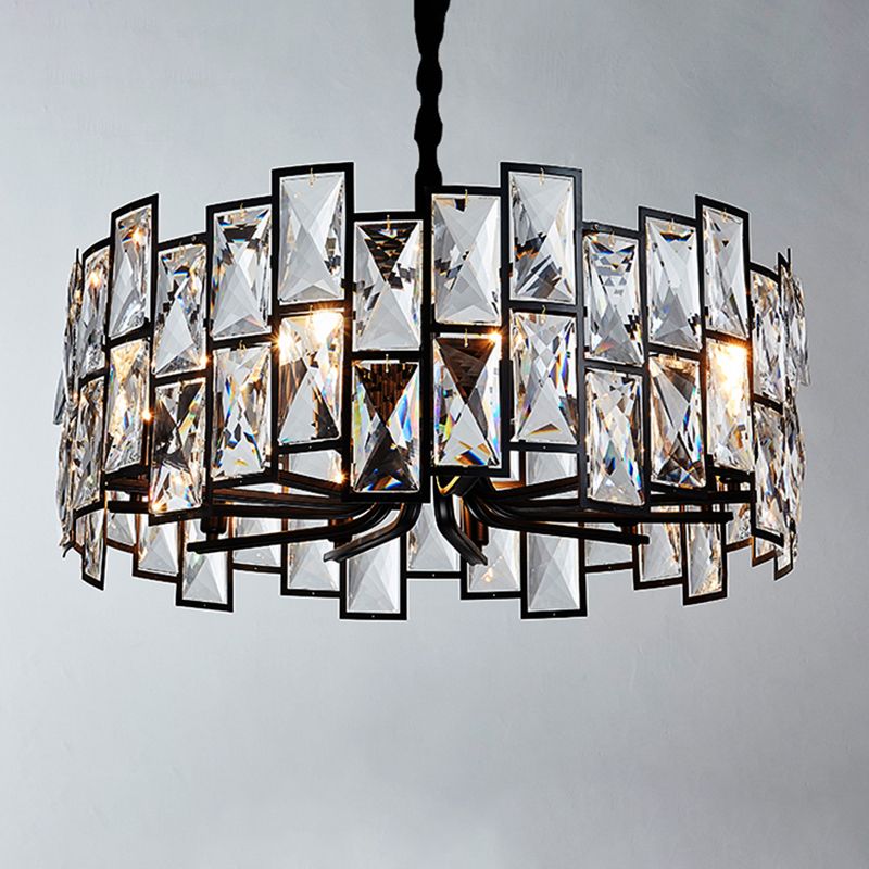 6-Light Living Room Chandelier Modern Black Pendant Light with Drum Crystal Shade