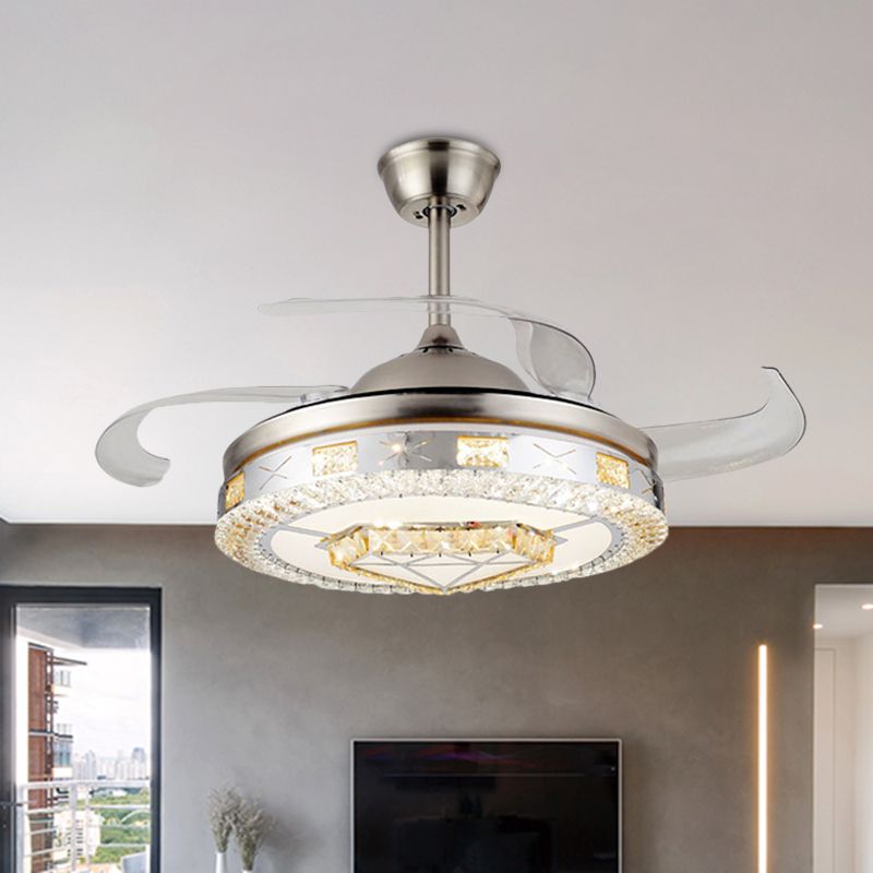 Silver 4 Blades Pendant Fan Lamp Minimalist Crystal Heart/Diamond Semi Mount Lighting, 19.5" Width