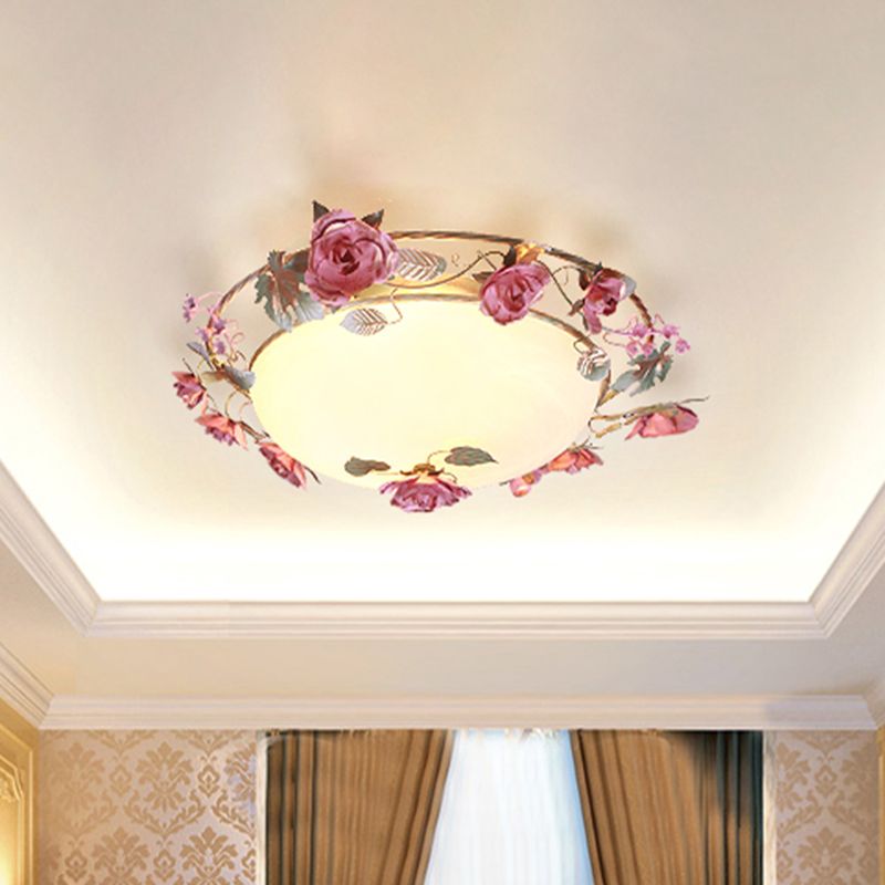 Bowl Dining Room Ceiling Lamp Countryside Metal 2/3/4 Bulbs White Flush Mount Light Fixture with Flower Decor