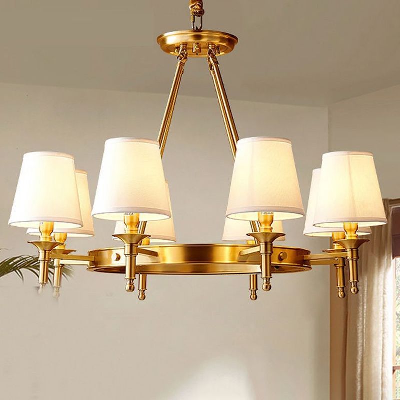 Post-Modern Wagon Wheel Hanging Chandelier Light White Linen Shade Ceiling Chandelier in Gold for Dining Table