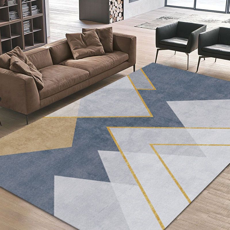 Blue Geometric Pattern Rug Modern Polyester Area Rug Non-Slip Backing Carpet for Living Room