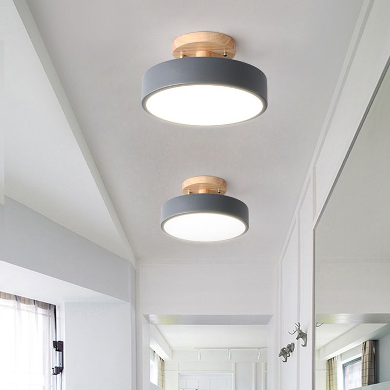 Corridor LED Ceiling Light Simplicity Wood Semi Flush Mount Lighting with Round Acrylic Shade