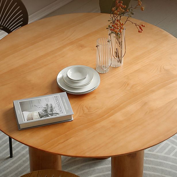 Round Pedestal Contemporary Dining Table Brown Tone Fixed Table of Solid Wood