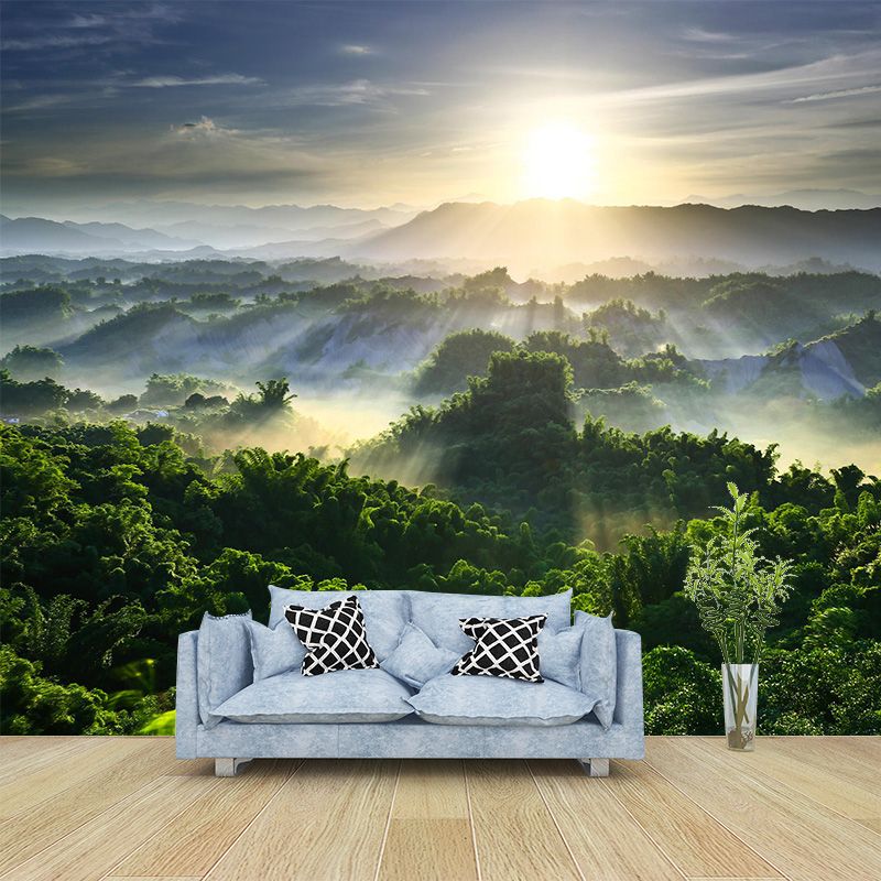 Big Scenery Wallpaper Mural Modern Aerial View of Sun Shines Across Forest Wall Decor in Green