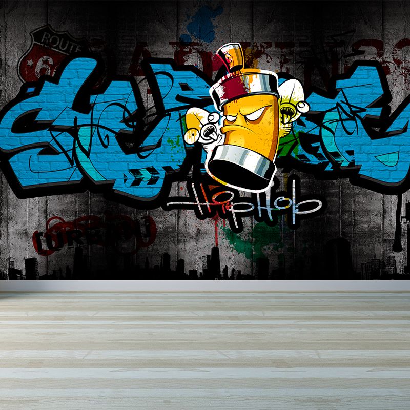 Cartoon Print Mural Decal Graffiti Non-Woven Fabric Textured Wall Covering in Soft Color