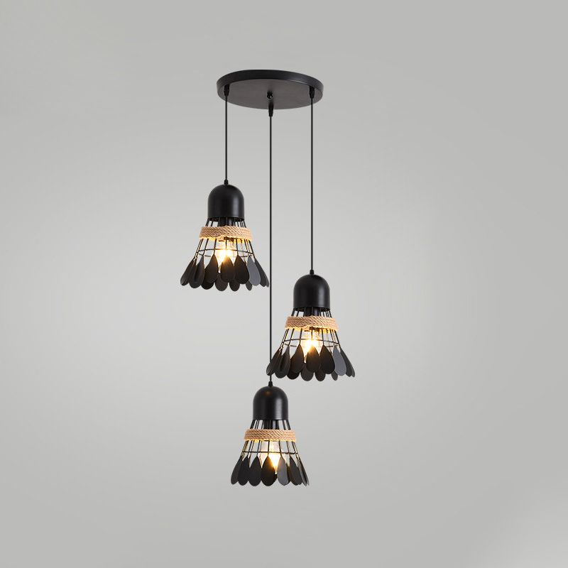 Badminton eetkamer cluster hanger Art Deco Iron 3 Heads Black/White Drop Lamp met touw en ronde/lineaire luifel