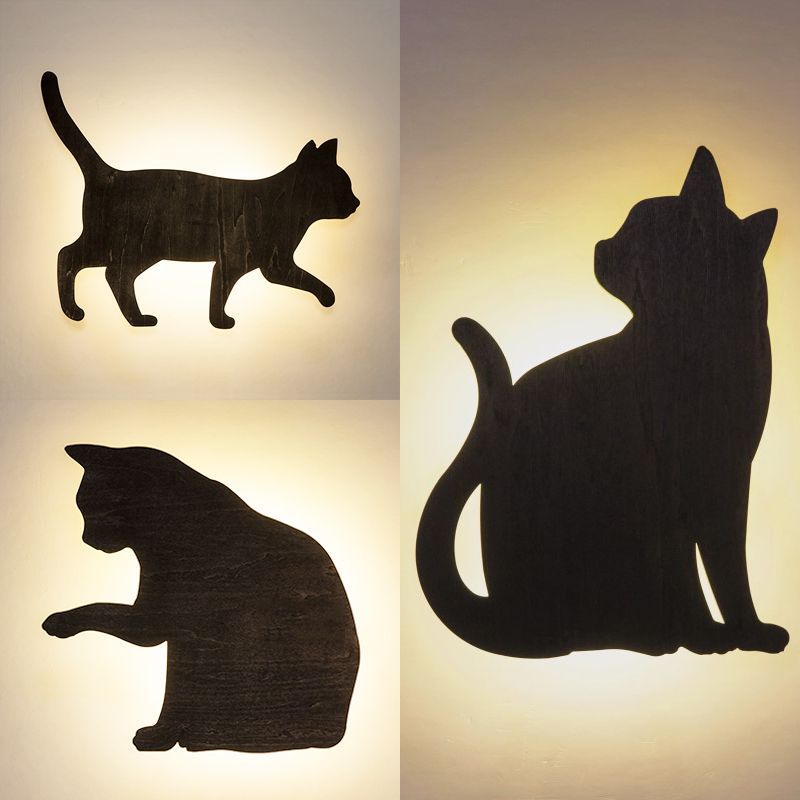 Kitten Kid Bedroom Hallway Sconce Light Wood Animal LED Wall Sconce in Black Finish