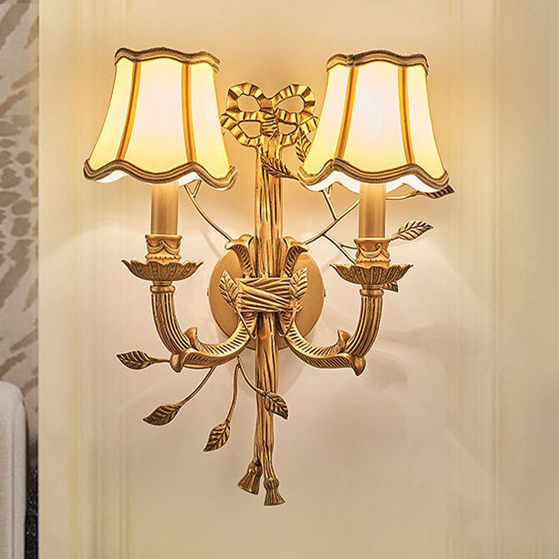 2 Lights Empire Shade Wall Sconce Vintage Brass Fabric Wall Mounted Lighting with Curved Metal Arm