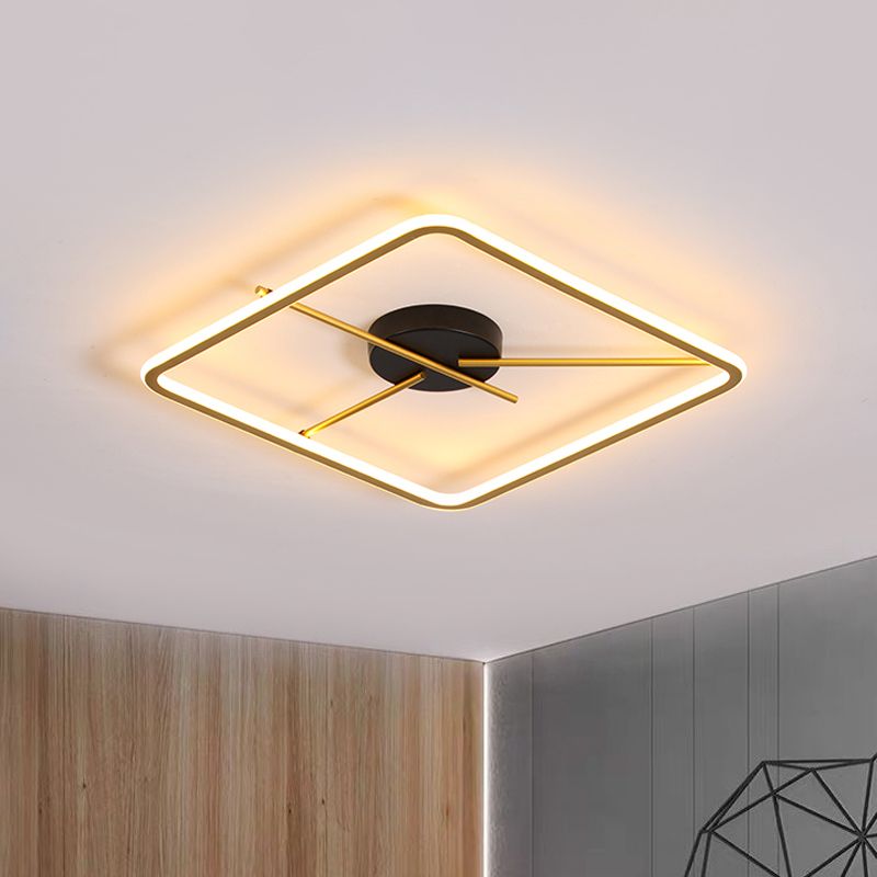 Black-Gold Square Frame Thin Flush Mount Minimalist Aluminum LED Close to Ceiling Light with Rod Fixture Arm in Warm/White Light