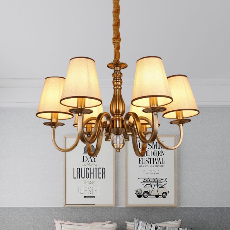 Vintage Cone Suspension Light 6/8 Bulbs Fabric Hanging Chandelier with Curving Arm in Brass for Living Room