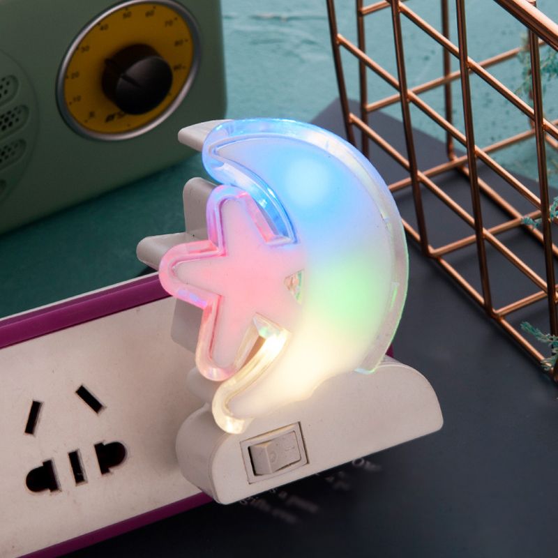 Crescent and Star Plug in Wall Light Cartoon Plastic Kids Bedside LED Night Lamp in White