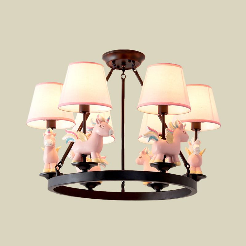 Luce a pendolo unicorno rosa con il lampadario del soffitto in tessuto a 6 teste di design ad anello nero