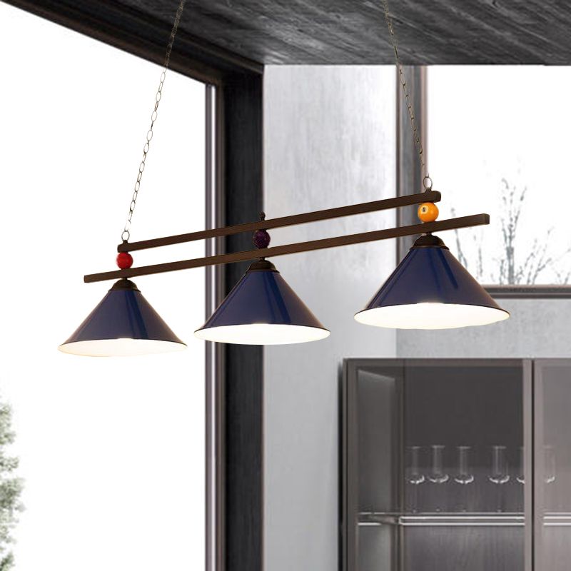 Industrial Style Cone Shade Ceiling Pendant 3 Heads Metal Island Lighting with Billiard Ball Deco in Black/Red
