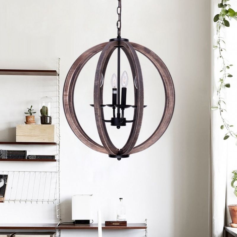 Global Chandelier Light Rustic Wood 4 Heads Brown Hanging Lamp Kit for Living Room