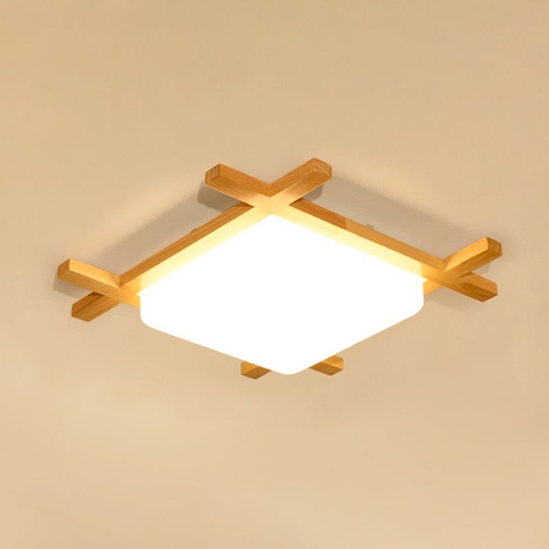 Minimalist LED Flush Ceiling Light Fixture Wood Square Flush Mount Light with Wood Shade