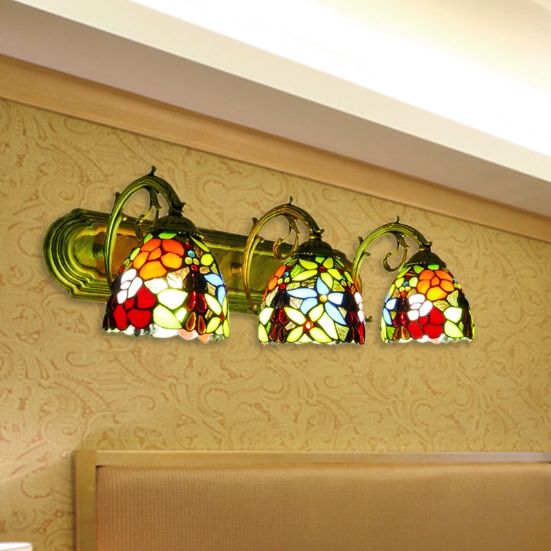 Rustic Dome-Shaped Wall Lighting Stained Glass 3 Lights Colorful Wall Sconce Lighting with Flower Pattern