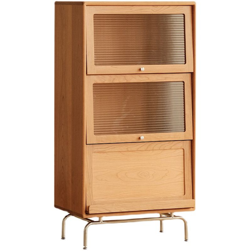 Natural Solid Wood Accent Chest 49.2" Tall Glass Paned Storage Cabinet