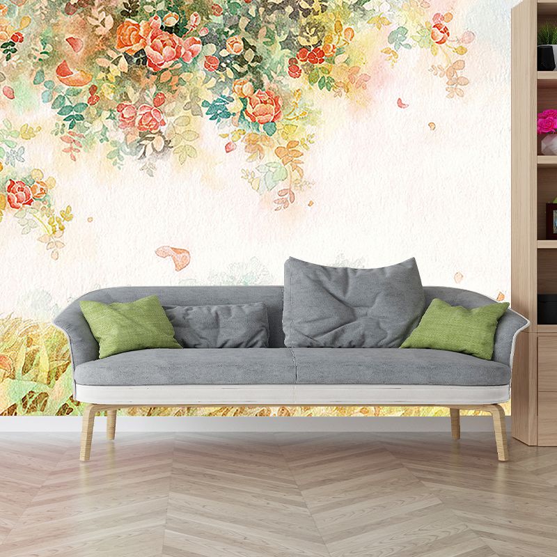 Nordic Girls Wallpaper Murals with Peony Tree and Grassland Pattern Pink-Yellow-Green Wall Art