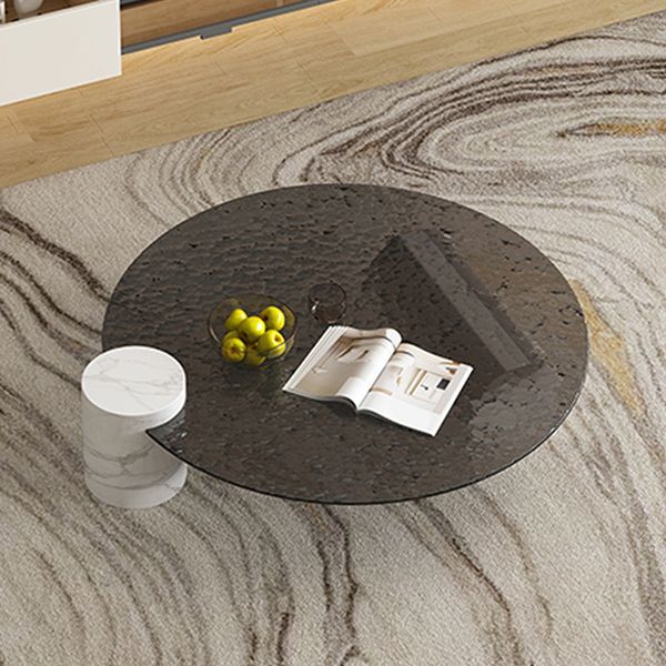 9"H Single Round Black Marble Coffee Cocktail Table with Glass Top