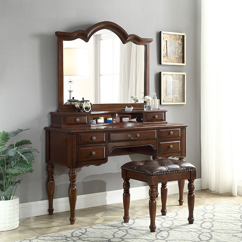 Traditional Makeup Vanity in Brown Rubber Wood Dressing Table