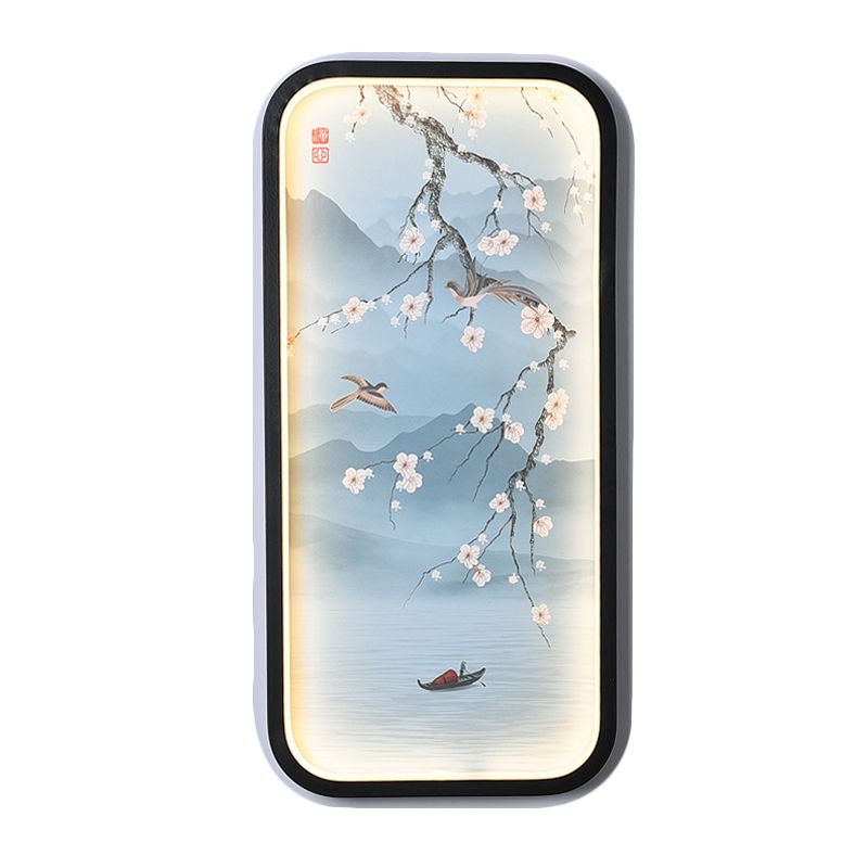 Plum Blossom Living Room Mural Light Fabric Asian Style LED Wall Sconce Lighting in Blue