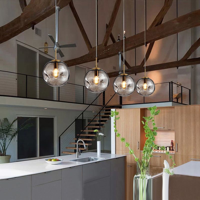 Globe Pendant Light Nordic Amber/Smoke Gray Dimpled Glass 1 Head Dining Room Hanging Ceiling Light