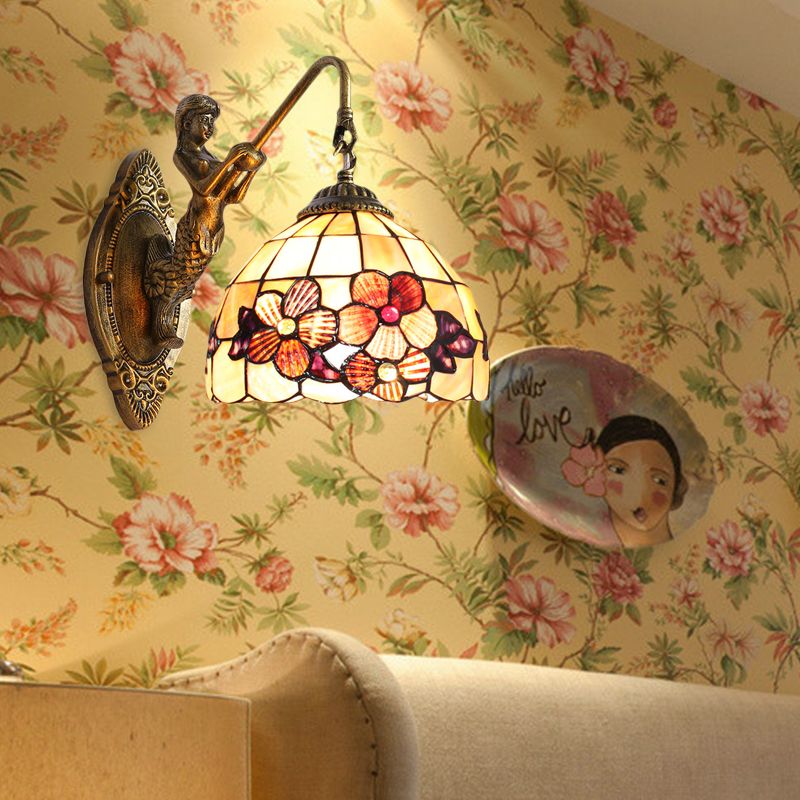 Victorian Dome Sconce Light Beige Glass 1 Head Bedside Wall Mount Light with Flower Pattern