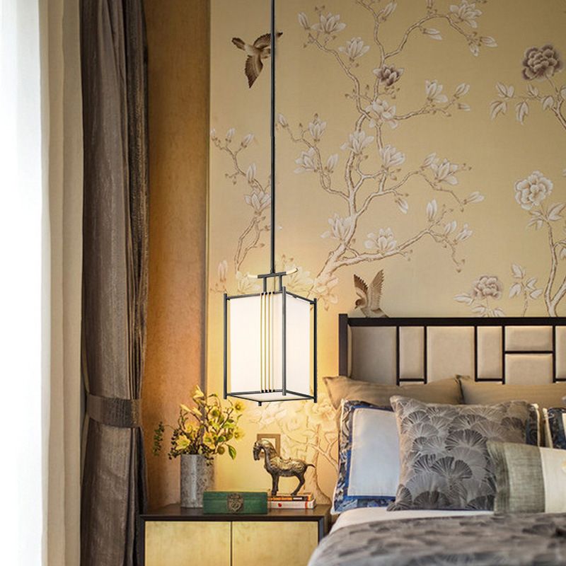Rectangle Fabric Shade Pendant Hanging Lamp Chinese Style 1 Light Bedroom Hanging Ceiling Light