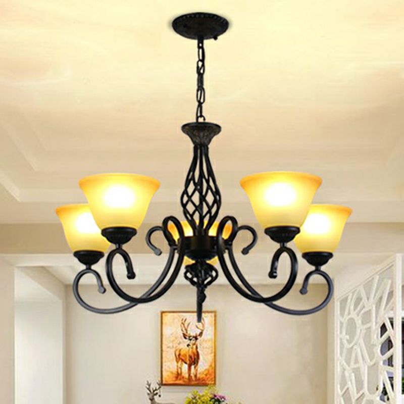 Swirled Arm Metallic Chandelier Pendant Light Vintage Living Room Hanging Light with Bell Frost Glass Shade