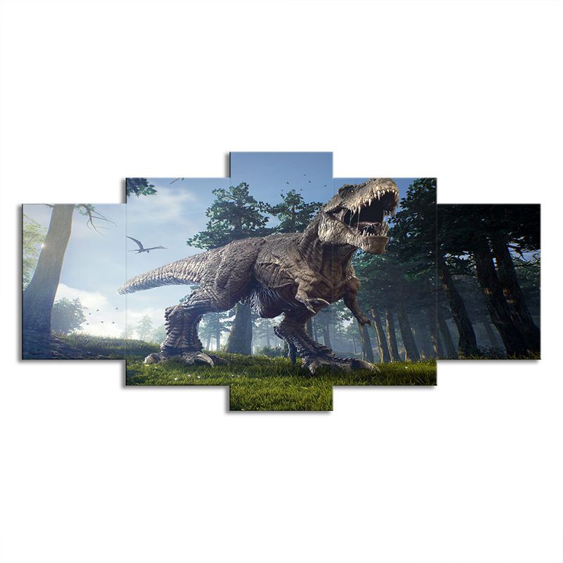 Sci-Fi Jurassic Dinosaur Wall Art House Interior Canvas Print in Blue-Green