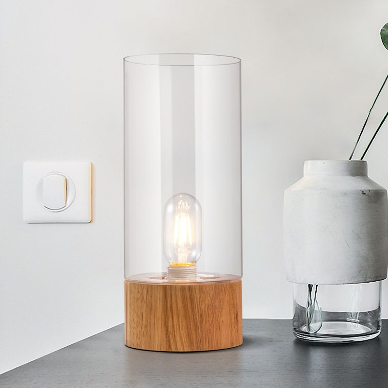 1 Cylindre de tête de nuit table de table de lampe de lampe de nuit transparente en verre clair avec base en bois