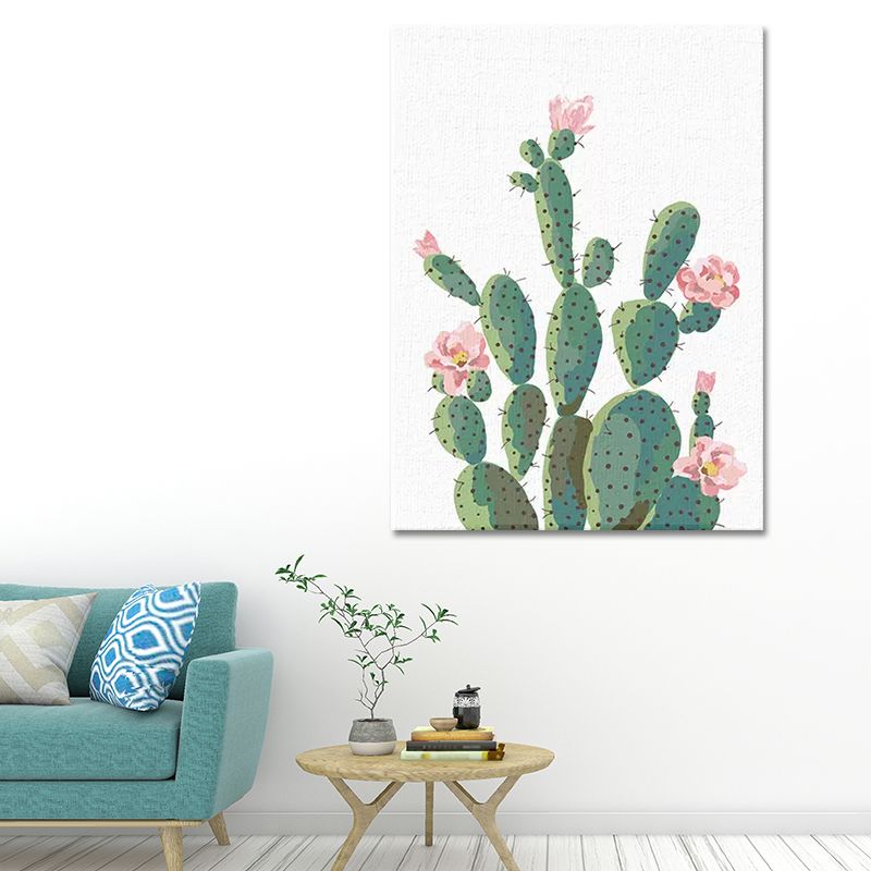 Green Cactus Blossom Canvas Print Botanical Tropical Textured Wall Art for Home