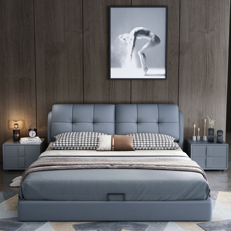 Contemporary Genuine Leather Upholstered Platform Bed Blue Bed Frame