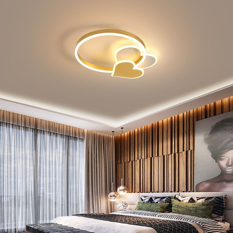 Golden Love LED Ceiling Fixture Minimalist Acrylic Flush Mount Light with Metal Ring for Bedroom