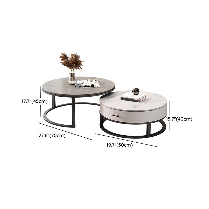 Slate Top Coffee Table Set Round Frame Cocktail Table with Drawers