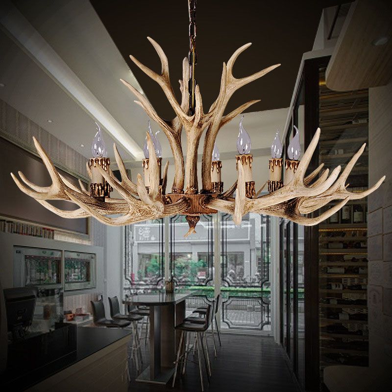 Deer Horn Resin Chandelier Pendant Light Vintage Style Dining Room Hanging Lighting