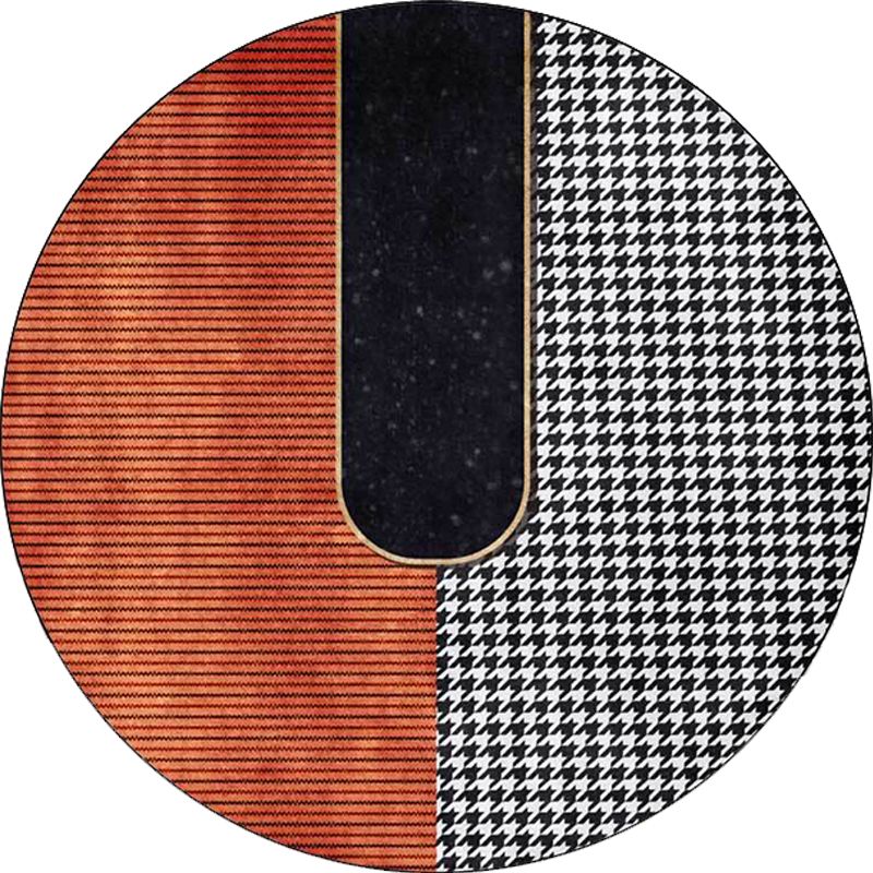 Orange and Black Modern Rug Polyester Striped and Houndstooth Pattern Rug Washable Non-Slip Backing Carpet for Living Room