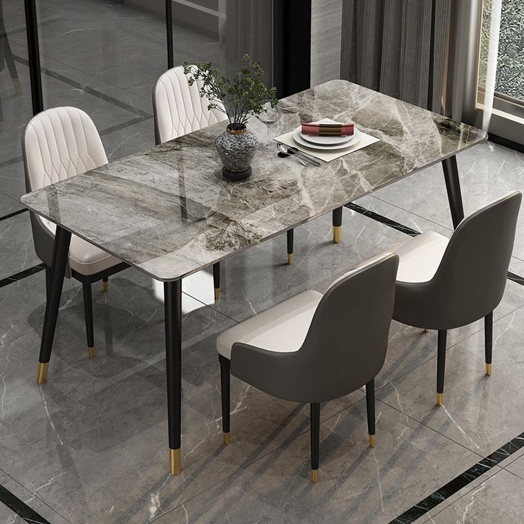 Rectangular Sintered Stone Dining Table Luxury White Furniture with Steel 4 Legs for Home