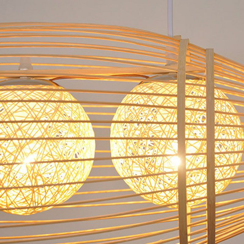 Wood Fish Chandelier Light Simplicity 2 Bulbs Bamboo Pendant Light Fixture for Restaurant