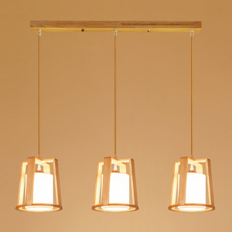 Modern Creative Pendant Light Wooden Geometric Hanging Lamp with White Fabrics Shade