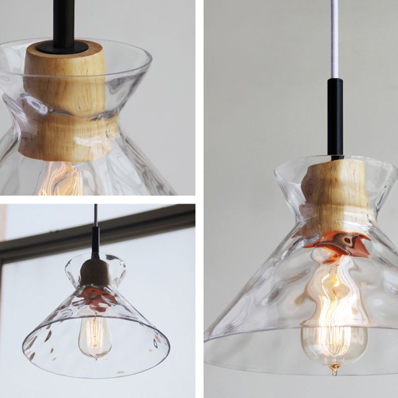 Clear Rippled Glass Shaded Pendant Nordic 1 Head Wood Suspension Light for Dining Room