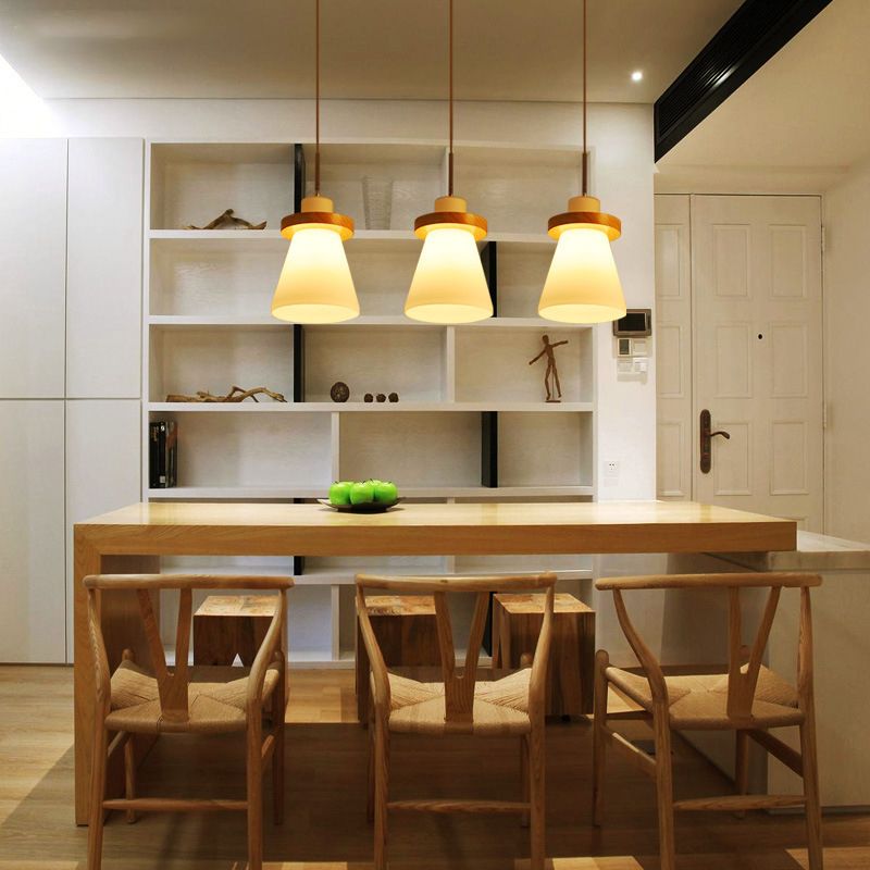 Wood and White Glass Pendant Lamp Simple Modern Suspension Lighting Fixture for Bedroom