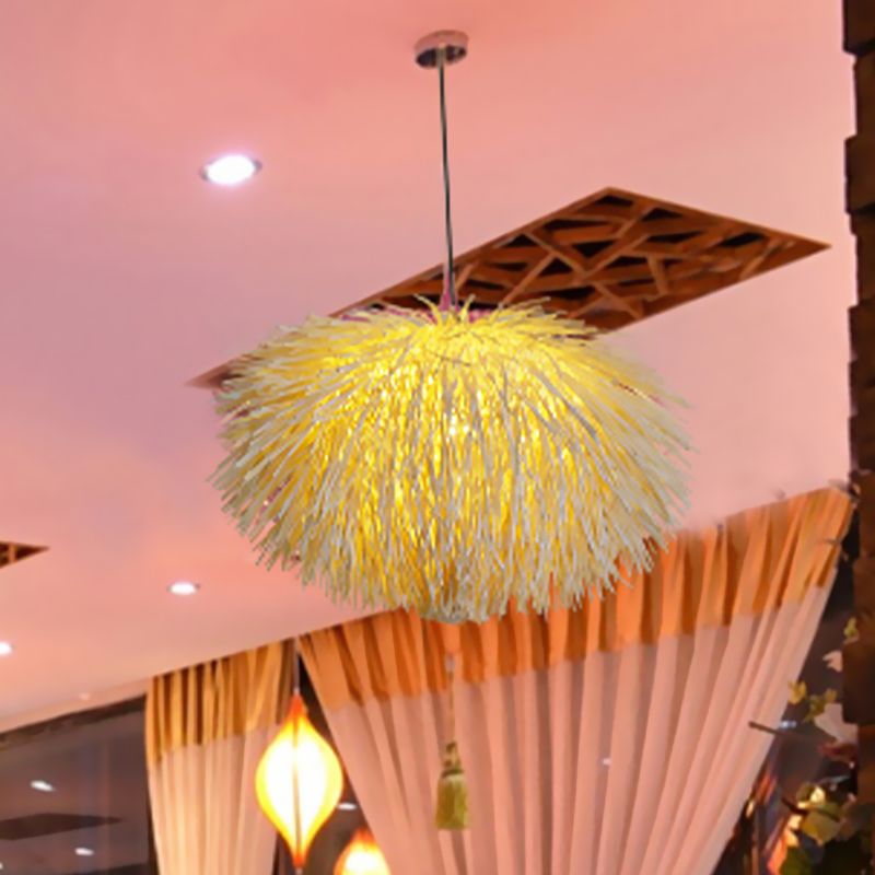 Beige Oval Pendant Lighting Chinese 1 Bulb Rattan Hanging Ceiling Light for Restaurant