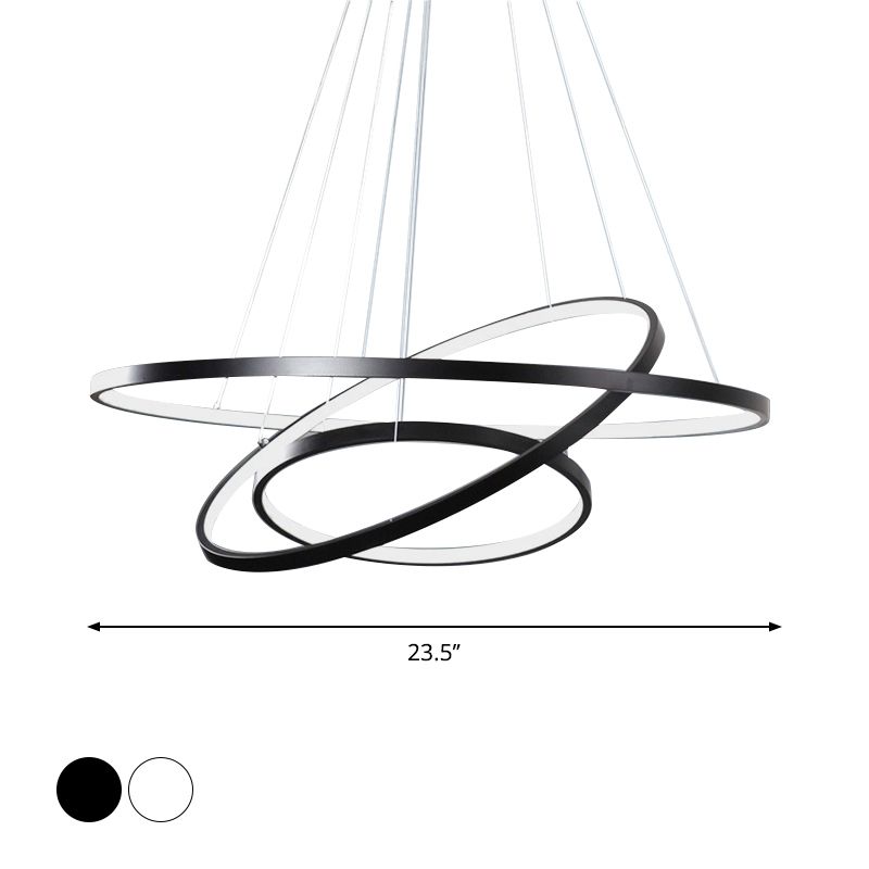 Height Adjustable 3-Tier Circle Chandelier Simple Style Metal Bedroom LED Hanging Light in Black/White