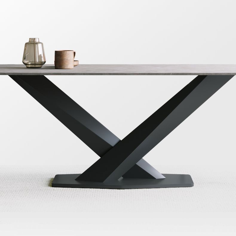Juego de comedor de piedra sinterizada minimalista con top rectángulo y juego de mesa de base de base negra