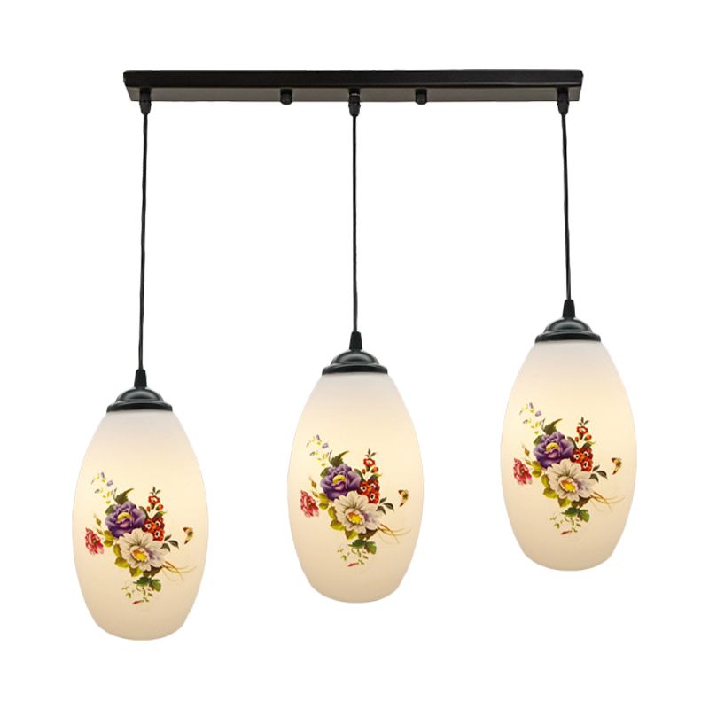 3 Lights Oval Multi-Pendant Modern Black Finish White Printed Glass Ceiling Hang Fixture with Round/Linear Canopy