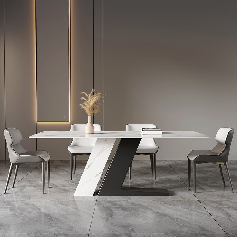 Mesa de cocina rectangular moderna de piedra sinterizada, mesa superior de piedra blanca con pedestal doble