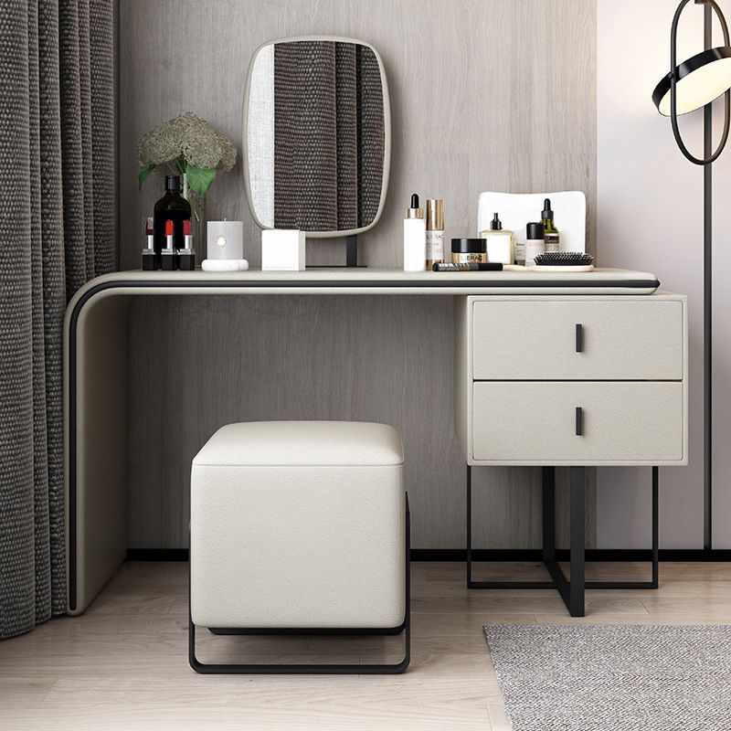Vanity Mirrored Faux Leather Makeup Dressing Table Stool Set, 28.74"